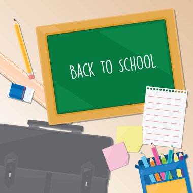 Yazı tahtası ve çanta, kalem, kalem için okul şablonu geri olarak birkaç sabit.