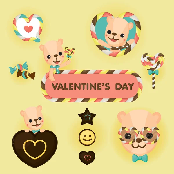 Colourful Valentine Day Greeting Card Bear Candy Chocolate — Stock Vector