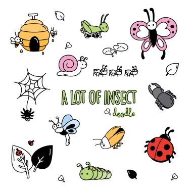 Böceklerin renkli karalamalar. El çizimi stilleri sevimli böcek