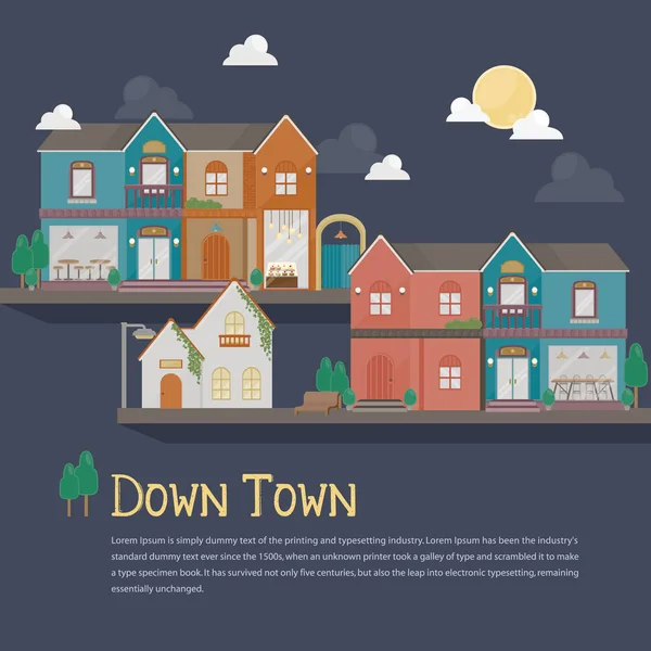 Kentsel inşaat Illustration. Renkli gece dolunay ile bina. Şehir merkezine düz şablonu oluşturma.