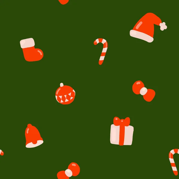 Zökkenőmentes Karácsonyi Minta Kézrajz Stílusok Karácsonyi Dísz Dekoráció Zöld Háttér — Stock Vector