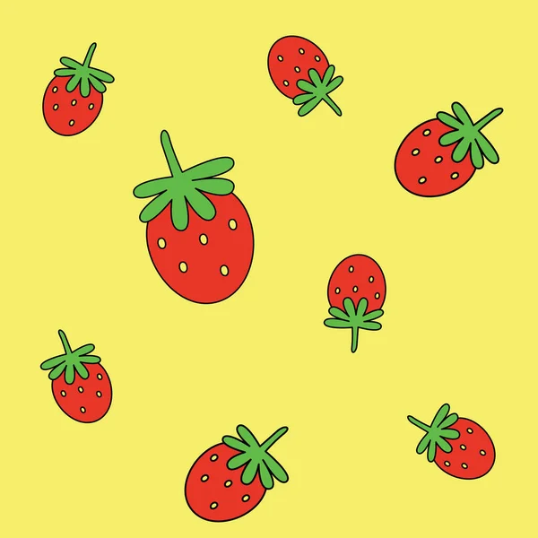 Muster Nahtlose Erdbeer Doodle Auf Gelbem Hintergrund — Stockvektor
