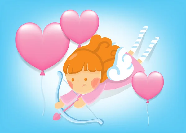 Valentijnsdag Wenskaart Leuke Cupido Die Vliegt Met Een Hartballon Aan — Stockvector