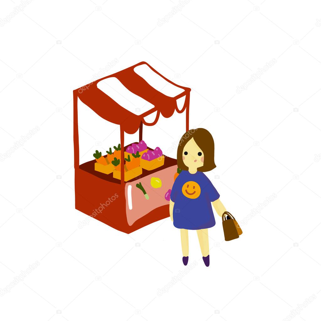 Vector illustration. Hand drawing cartoon character. Cute girl shopping on local market.