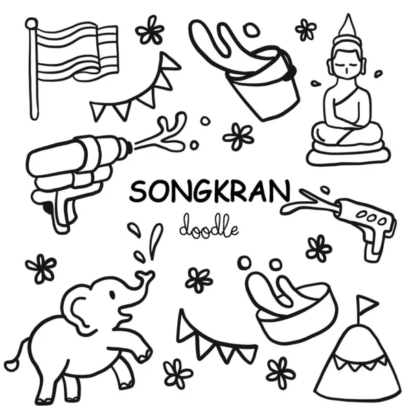 Songkran Festival Doodle Festival Água Cultura Tailandesa Estilos Desenho Mão —  Vetores de Stock