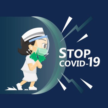 Vektör çizimi Covid-19 koruması. Koruma süitleri giyen hemşire covid-19 virüsü ya da koronavirüse karşı savaşıyor. Karakter tasarımı.