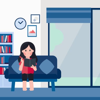 COVID-19 kampanya sosyal mesafesi. Evde kalıp Coronavirus 'u önleyin. Kızın evdeki aktiviteleri. Kendini karantina altına al.