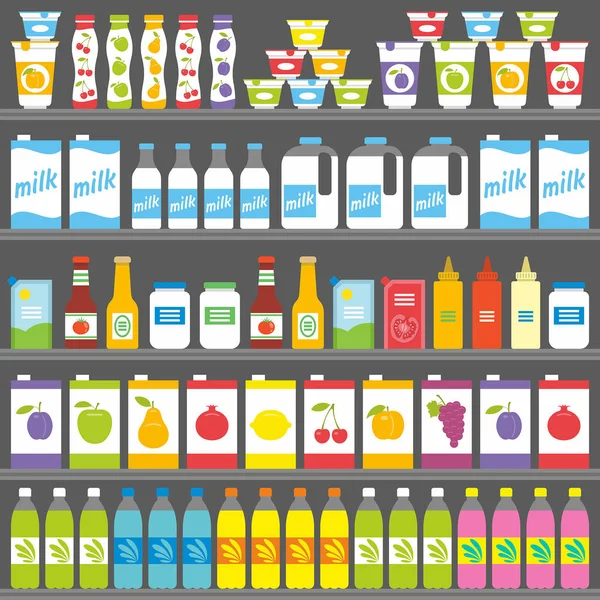 Estantes con productos y bebidas — Vector de stock