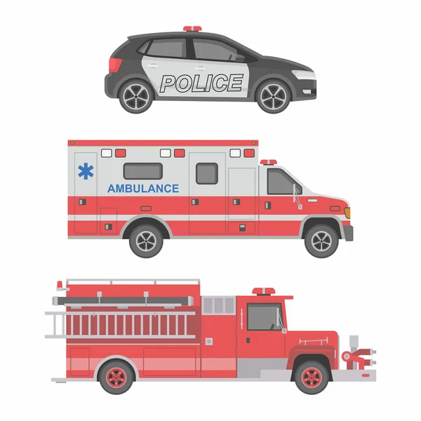 Police, voiture d'ambulance et camion de pompiers — Image vectorielle