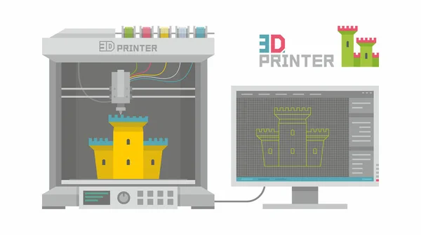 Impresora 3D, estilo plano — Vector de stock