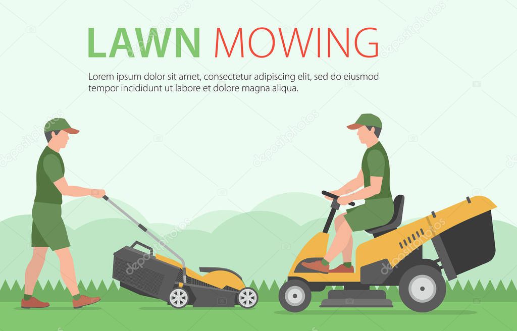  Man mowing the lawn with yellow lawn mower