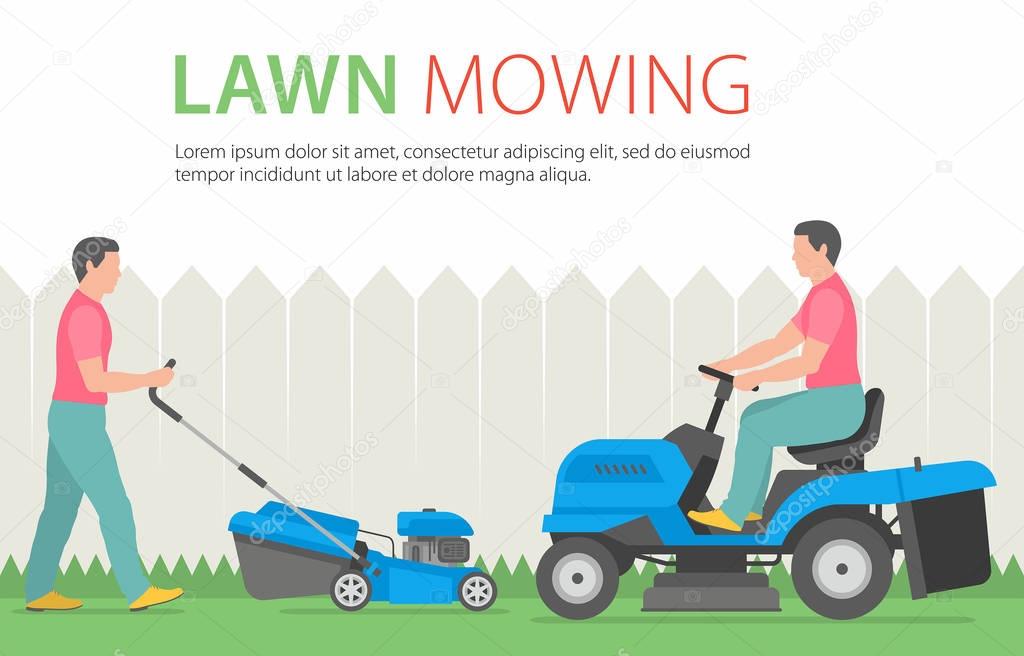 Man mowing the lawn with blue lawn mower