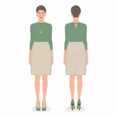 genç kadının ayakta beyaz arka plan üzerinde izole önden ve arkadan görünüm