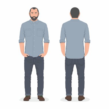 genç adam ayakta beyaz arka plan üzerinde izole önden ve arkadan görünüm