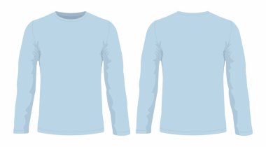 Erkekler mavi uzun kollu t-shirt. Beyaz arka plan üzerinde ön ve arka sayısı
