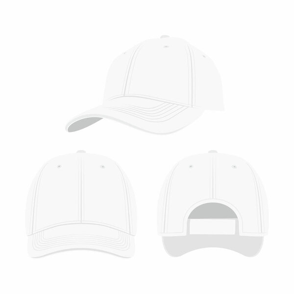 White Baseball Cap isolated on white background. Front, side and back views