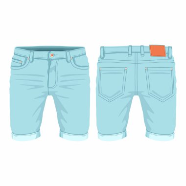 Men's light blue denim shorts. Front and back views on white background clipart