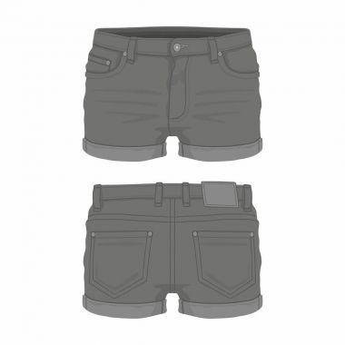 Kadın siyah kot şort. Beyaz arka plan üzerinde ön ve arka sayısı