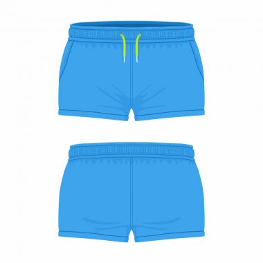 Kadın mavi spor şort. Beyaz arka plan üzerinde ön ve arka sayısı