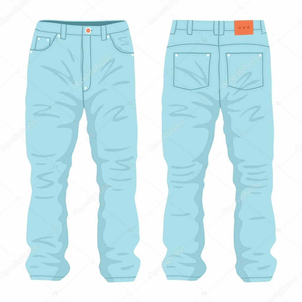 Men's light blue jeans. Front and back views on white background