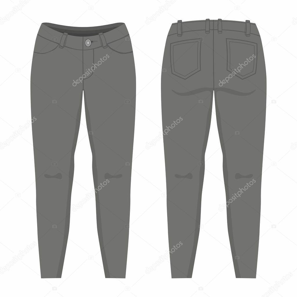 Women's black jeans. Front and back views on white background
