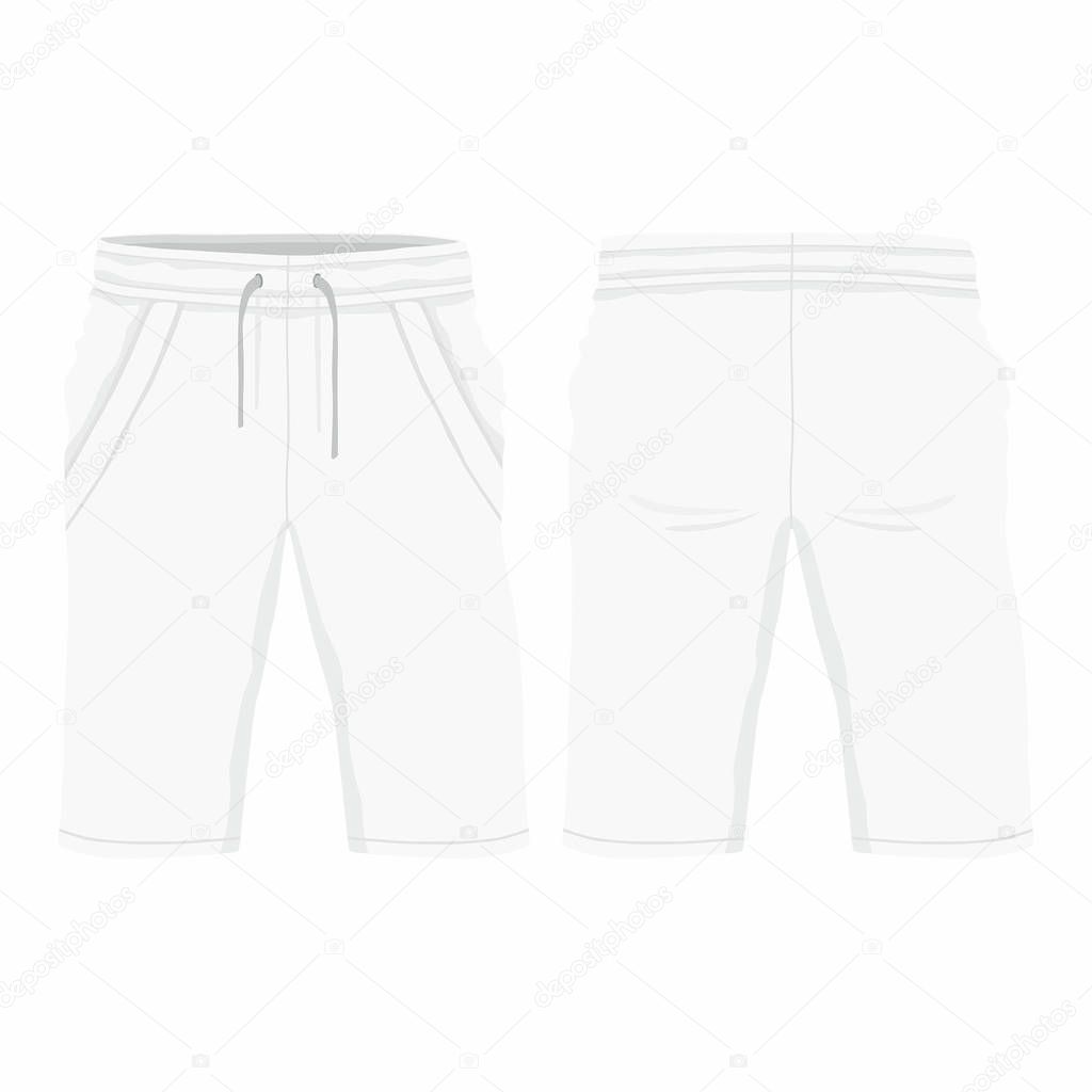 Men's white sport shorts. Front and back views on white background