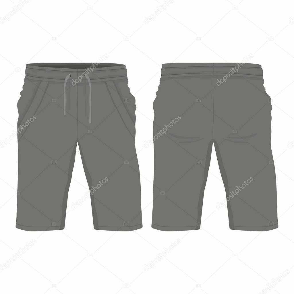 Men's black sport shorts. Front and back views on white background