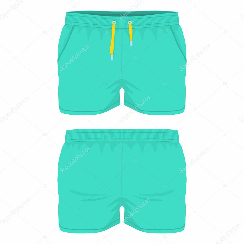 Men's green sport shorts. Front and back views on white background