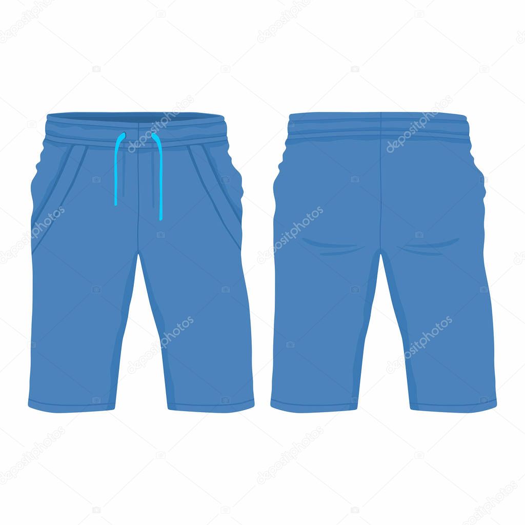 Men's blue sport shorts. Front and back views on white background