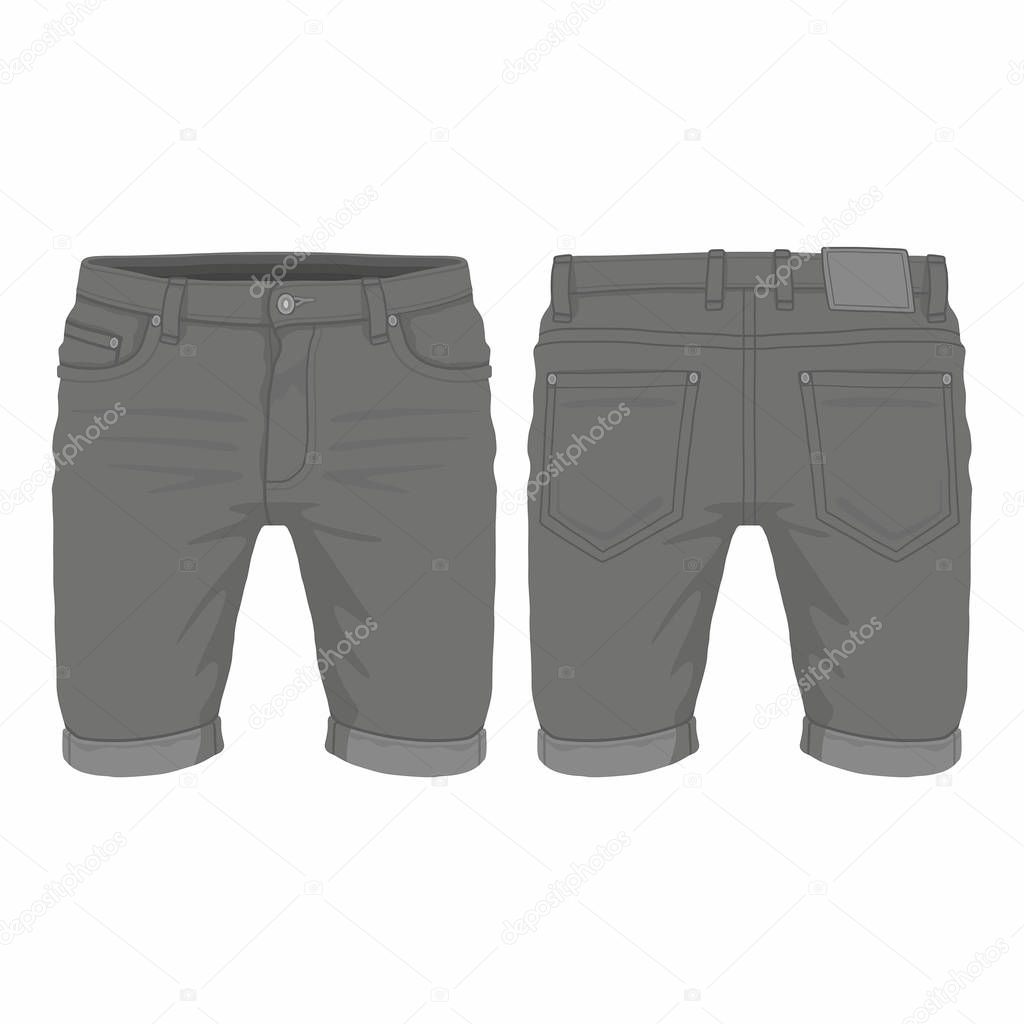 Men's black denim shorts. Front and back views on white background