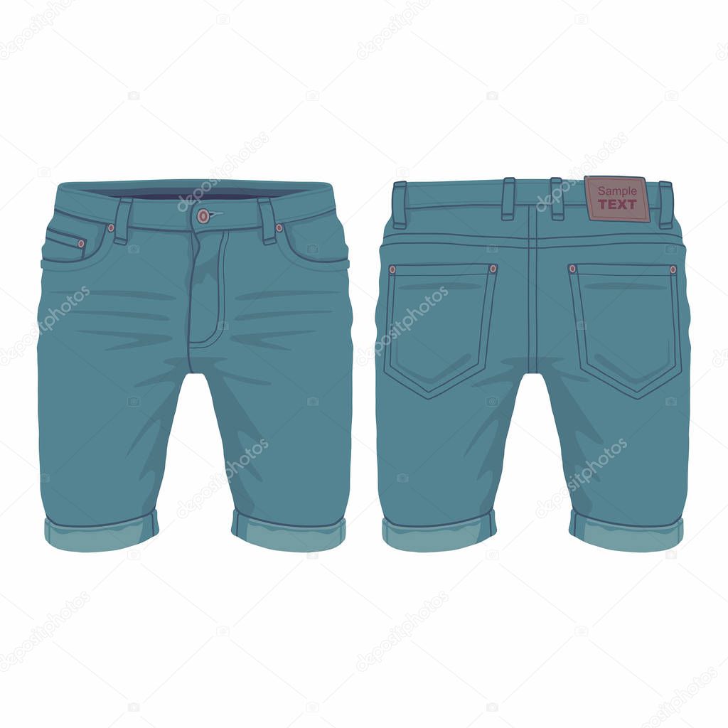 Men's dark blue denim shorts. Front and back views on white background