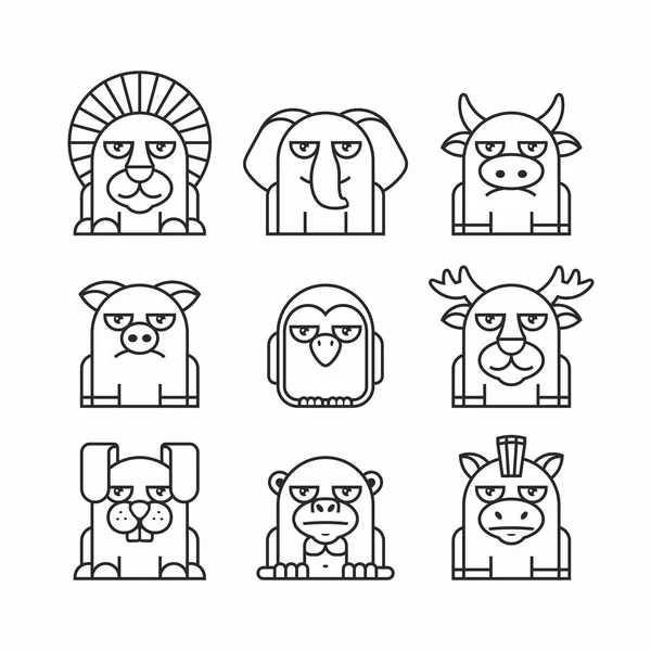 Анимационный Сет Тонкий Линейный Стиль Плоский Дизайн Лев Слон Корова — стоковый вектор
