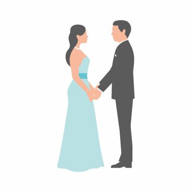 Gelin ve damat beyaz arka planda el ele tutuşuyorlar