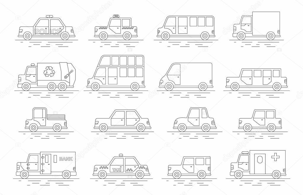 Car icons set. Linear style. Vector illustration