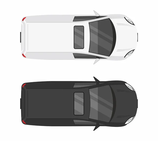 Blick Von Oben Auf Zwei Minivans Weiß Und Schwarz Isoliert — Stockvektor
