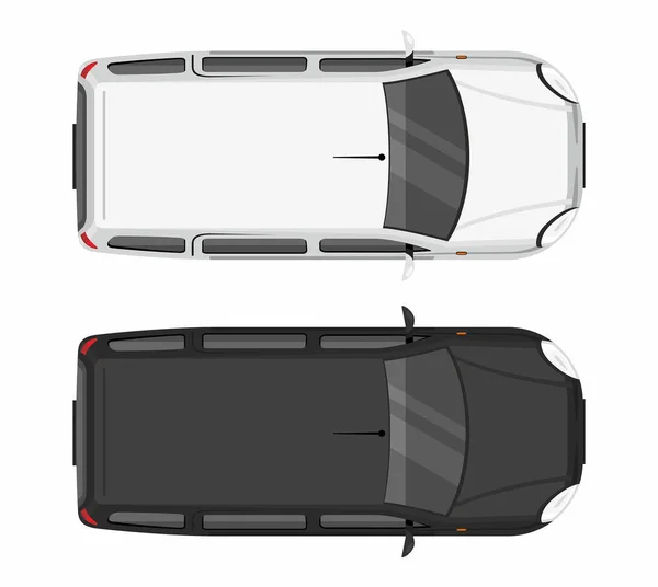 Bovenaanzicht Twee Minivan Auto Wit Zwart Geïsoleerd Witte Achtergrond — Stockvector