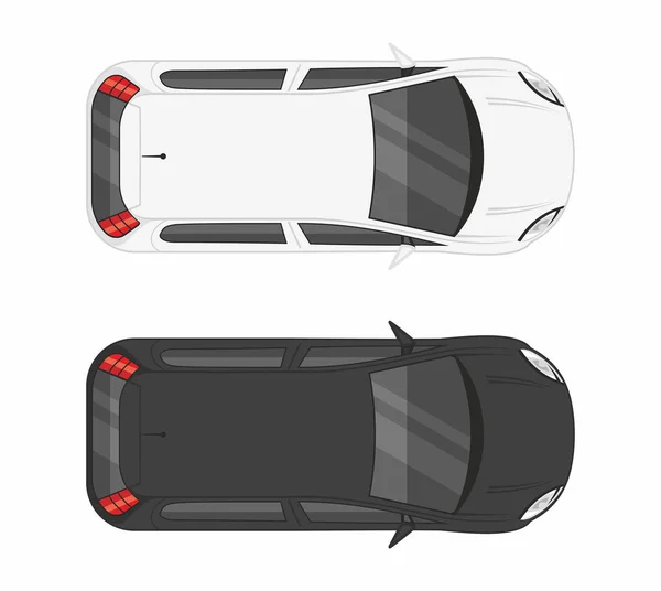 Pohled Shora Dvě Auta Minivany Bílá Černá Izolované Bílém Pozadí — Stockový vektor