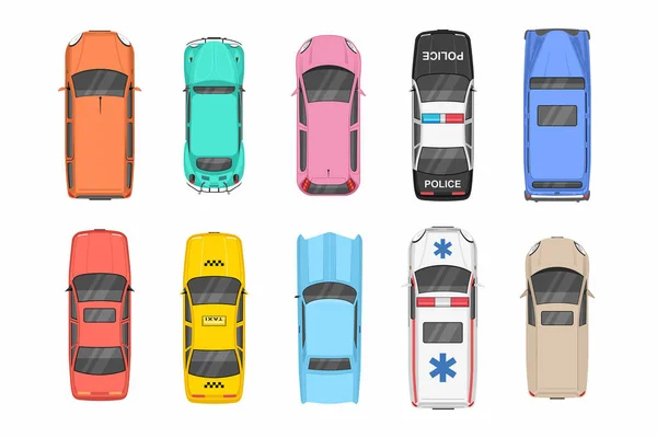 Mașini Colorate Diferite Top View — Vector de stoc
