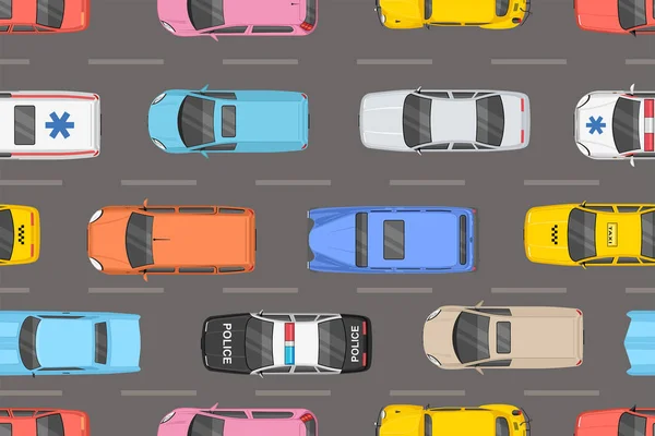 Renkli Arabalar Seamless Modeli Üstten Görünüm — Stok Vektör