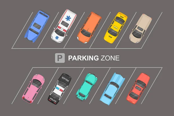 Vue Dessus Des Différentes Voitures Parking Ville Zone Stationnement — Image vectorielle