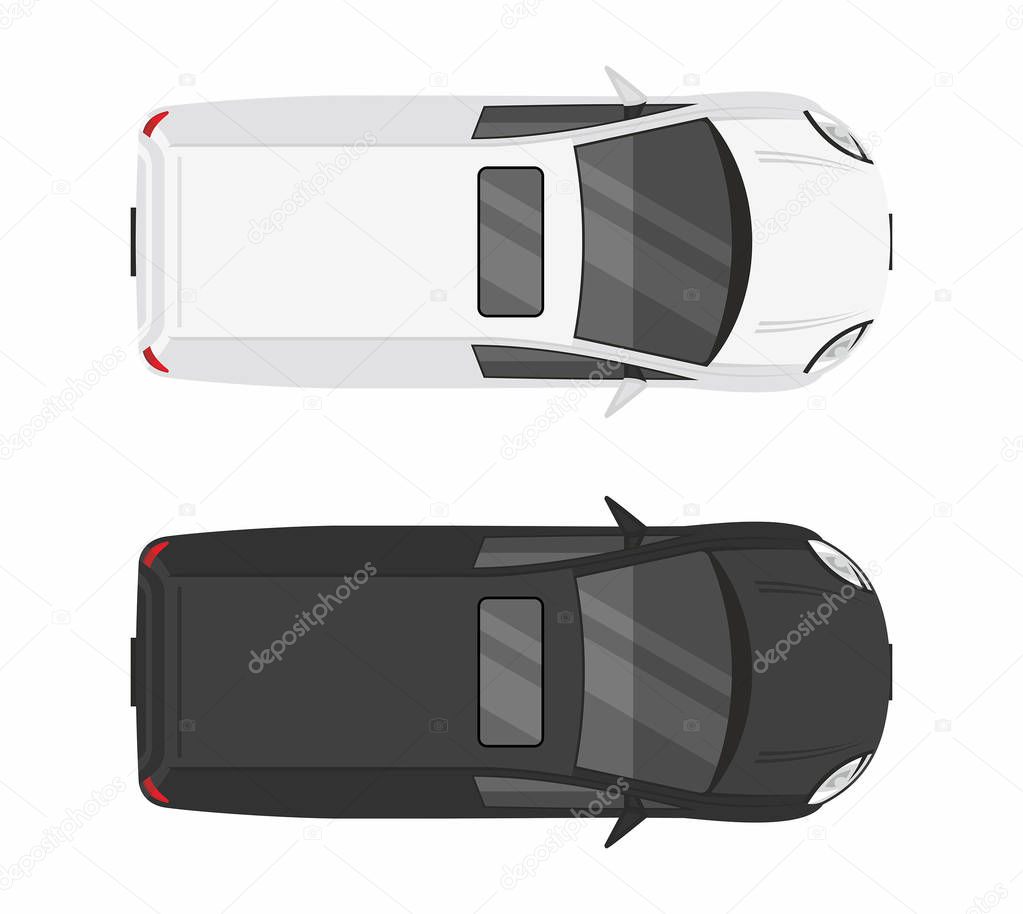 Top view Two minivan cars. White and black. Isolated on white background