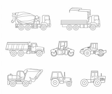 İnşaat makineleri simgeler ayarla, ince çizgi stili