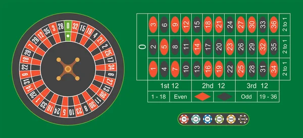Casino Rulet Çarkında Yeşil Tablo Casino Fişleri Ile — Stok Vektör