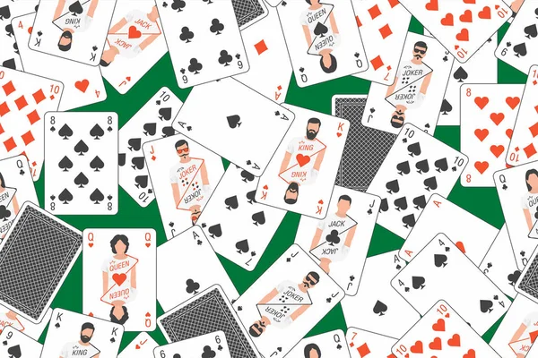 Seamless Pattern Playing Cards Randomly Placed Green Background — Stock Vector