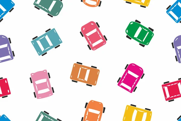 Seamless Pattern Colorful Car Icons Top View Isolated White Background — Stock Vector