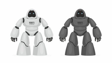 İki robot. Beyaz ve siyah. Beyaz arka plan üzerinde izole