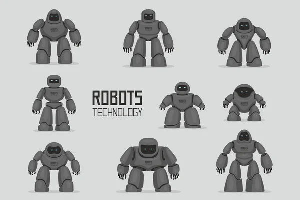 Black Different Robots Set Isolated Gray Background — Stock Vector