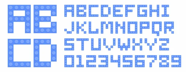 Голубые Кирпичные Игрушки Алфавит Номерами Изолированы Белом Фоне — стоковый вектор