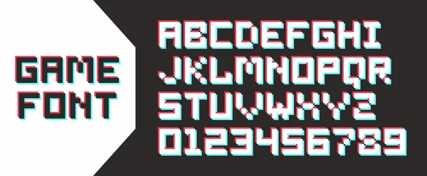 ピクセル ビデオ ゲームのアルファベット 文字と数字 白い背景に分離 — ストックベクタ