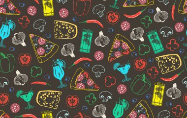 Siyah arka plan üzerine izole pizza seamless modeli